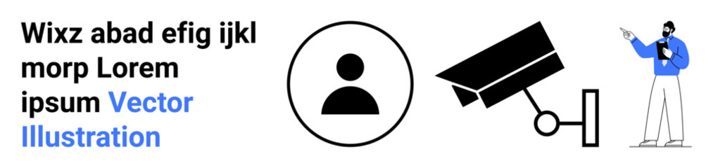 User profile icon, surveillance camera, and professional with clipboard illustrating security, monitoring, data protection, privacy management, business compliance, access control, simple landing