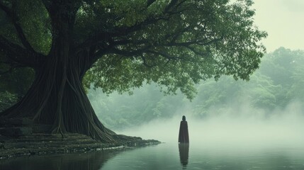 Enigmatic figure at the waters edge beneath a colossal banyan tree veiled in morning mist