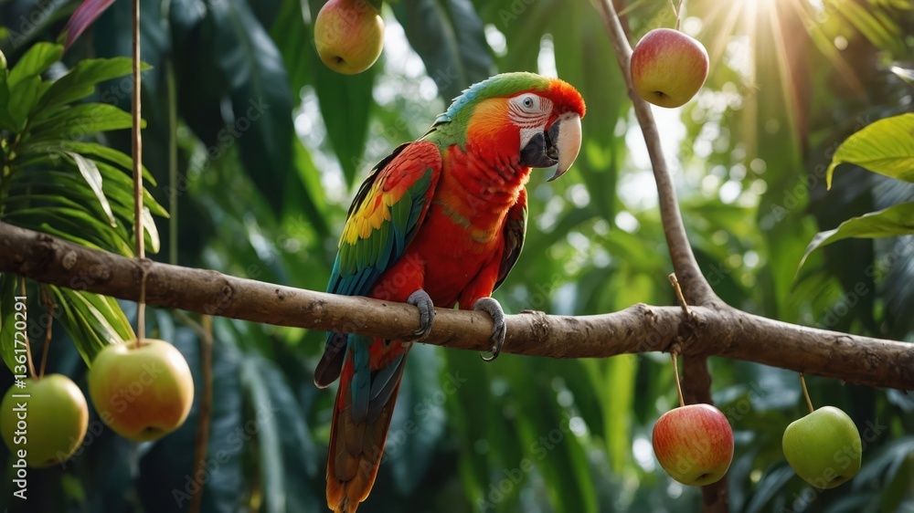 Poster a colorful parrot perched on a branch surrounded by apples in a lush environment.