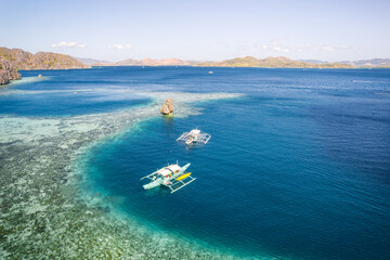 Aerial background of tropical blue lagoon in Palawan, Philippines