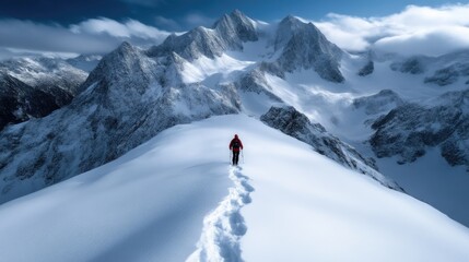 Solitary hiker ascends snowy mountain peak.  Vast alpine landscape