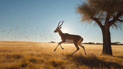 Naklejka premium A graceful antelope leaps across a golden grassland under a bright sky.