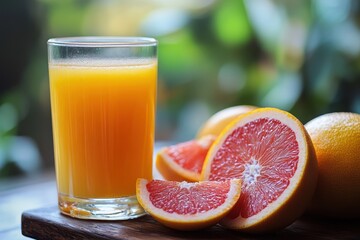 Glass of grapefruit juice with sliced fruit sits on a wood board. It can be used for healthy lifestyle, vitamin boost and advertising purposes.