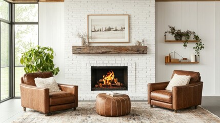 Cozy Farmhouse Living Room with Leather Chairs and Fireplace