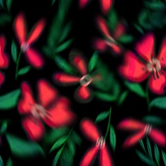 Abstract Digital Paint Watercolor Blurred Tie Dye Mix Plumeria Loose Flowers Leaves and Branches Seamless Pattern Isolated Background	