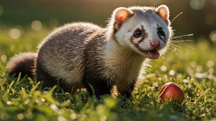 A playful ferret exploring a sunny field with a small apple nearby.