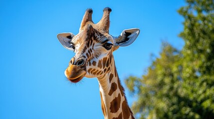Fototapeta premium Graceful giraffe reaches for the sky, framed by lush greenery against a vibrant blue backdrop