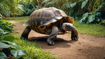 A tortoise walking along a path surrounded by lush greenery.