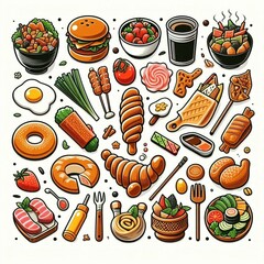 Vector food icons seamless pattern featuring cartoon pizza, burger, sushi, and dessert illustrations for restaurant menus