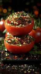 Fresh tomatoes surrounded by a pile of chopped herbs on white background for culinary inspiration and recipes