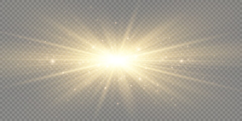 Fototapeta premium Sunshine. Glowing golden star. Solar flare on a transparent background.
