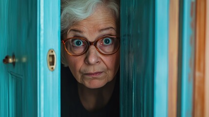 Curious neighbor peers through door. Intrigue and tension. Privacy, misunderstandings. Crazy annoying grandmother or mother-in-law peeping from behind, eavesdropping conversation. Old lady hiding.