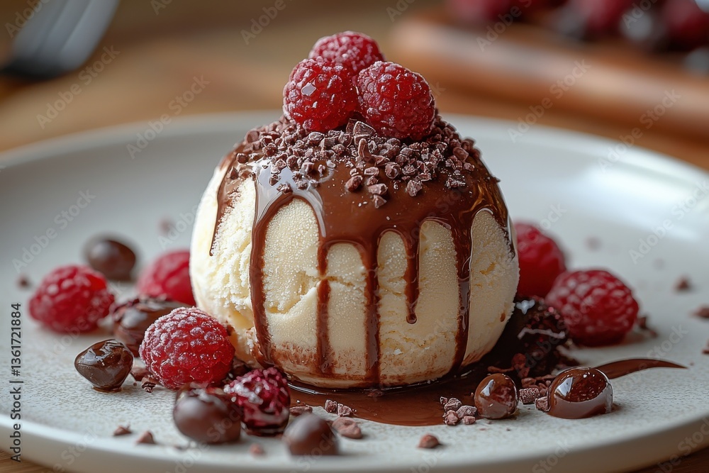 Aufkleber decadent dessert featuring vanilla ice cream with chocolate drizzle and fresh raspberries served on 