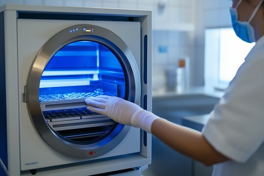 Technician coding an automatic system to sterilize medical equipment