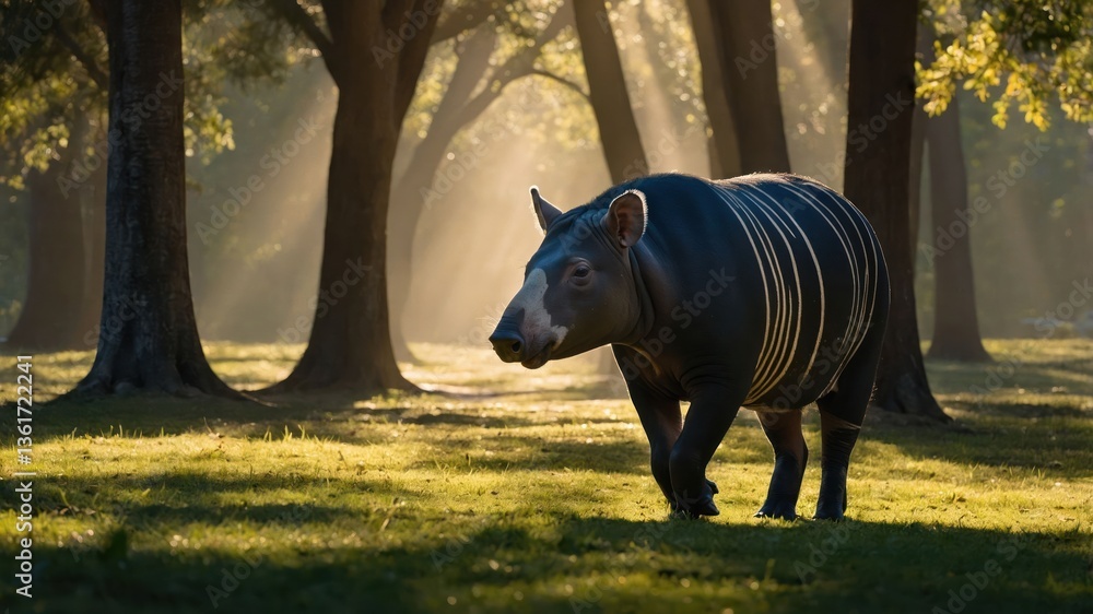Aufkleber a tapir walking through a sunlit forest with trees and soft light filtering through.