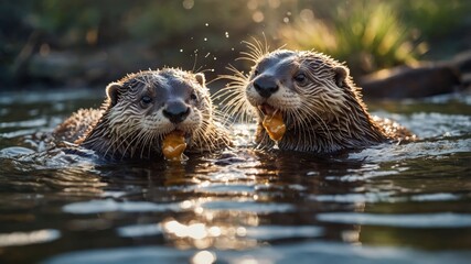 Two otters swimming in water, enjoying snacks while creating splashes.