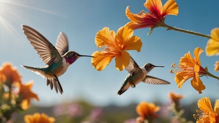 Obraz premium Two hummingbirds hovering near vibrant orange flowers against a clear blue sky.