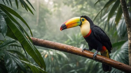 Naklejka premium A toucan perched on a branch amidst lush tropical foliage in a misty jungle setting.