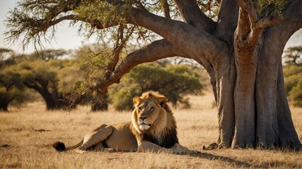 A lion resting under a tree in a savannah landscape.