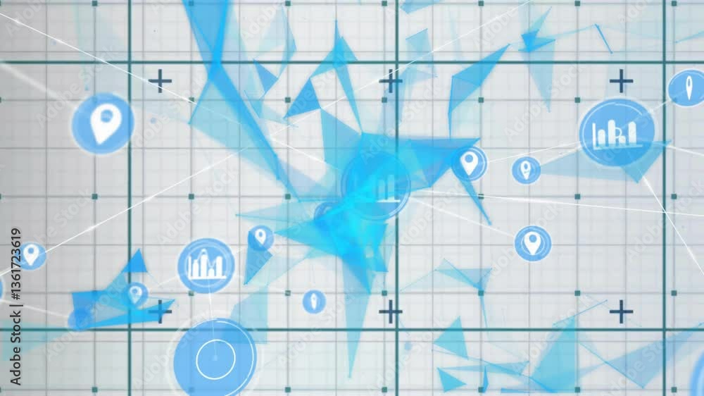 Aufkleber animation of blue geometric shapes with data icons on grid background
