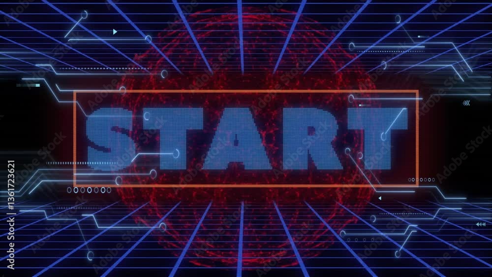 Poster retro digital grid with start text and futuristic animation elements
