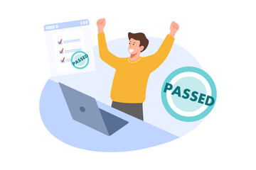 A young man triumphantly raises his arms in the air, celebrating his passing of an online exam. The 