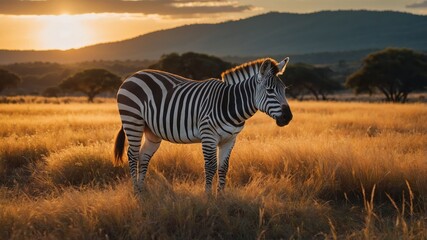 Naklejka premium A zebra stands gracefully in a golden grassland during sunset.
