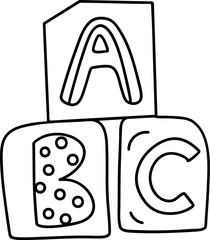 A playful illustration of alphabet building blocks featuring the letters A, B, and C in a simple, outlined design.