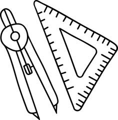 A geometric drawing toolset featuring a compass and a triangular ruler, ideal for precise measurements and angles.