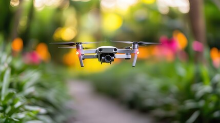 Drone Flying Over a Lush Garden with Colorful Flowers in Background