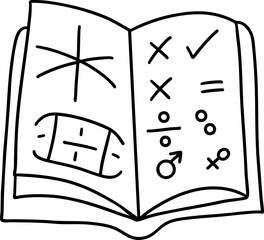 An illustration of an open book featuring various symbols and markings, suggesting themes of games, strategy, or problem-solving.