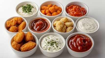 Bowls of crispy chicken nuggets with assorted dipping sauces on white. Great for illustrating menus or various fast food options.