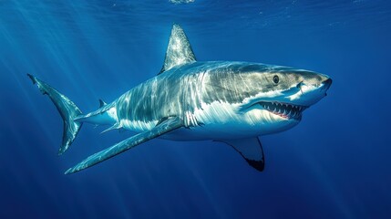 Naklejka premium Majestic great white shark breaches the deep blue, jaws agape. A thrilling underwater moment of power and beauty