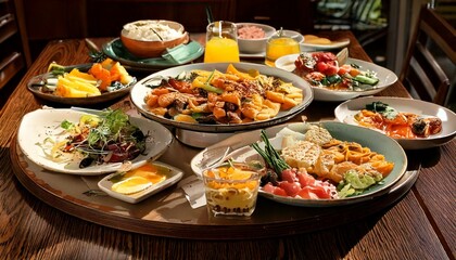 Obraz premium Breakfast Buffet Spread with Variety of Delectable Dishes in a Restaurant Setting