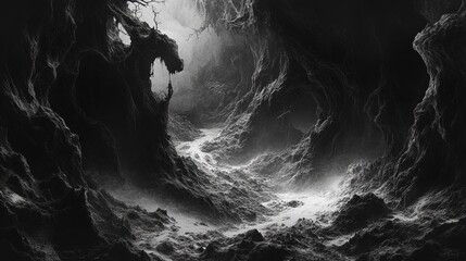 Mystical dark cave with twisting paths and enigmatic shadows