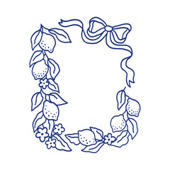 Summer frame of citrus lemon fruits, flowers, leaves, ribbon bow. Hand drawn blue ink holiday border wreath. Vintage Italian background for greeting cards, wedding, invitations, social media