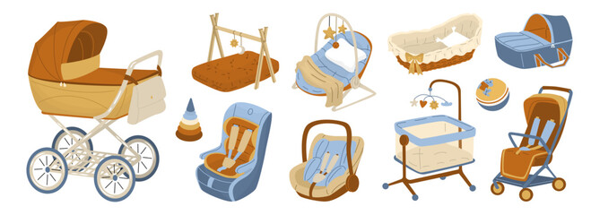 Set of baby strollers and cradles for transportation in the car and sleep. For walks with a sleeping newborn. Mattress with hanging educational toys. Accessories for children. Vector illustration