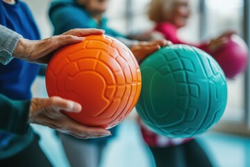 Participants engage in an energetic group exercise class using colorful weighted balls in a bright fitness studio