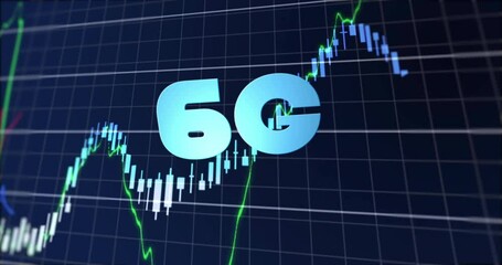 6G animation overlaying fluctuating stock market graph with green and white lines - Powered by Adobe