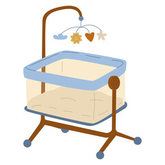 Baby cot with rocking mechanism and mobile. Baby accessories. Baby sleep device. Newborn room furnishings. Vector illustration isolated on transparent background.