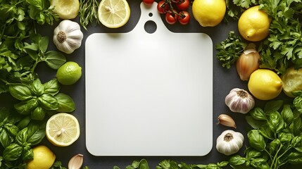 White Cutting Board Surrounded by Fresh Herbs, Lemons, Garlic, and Tomatoes