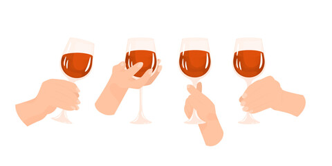 Hand holding a glass of wine. Different grips of the glass. Alcoholic drink. Toast at a party. Transparent glass vessel for a drink. Vector illustration isolated on a transparent background.