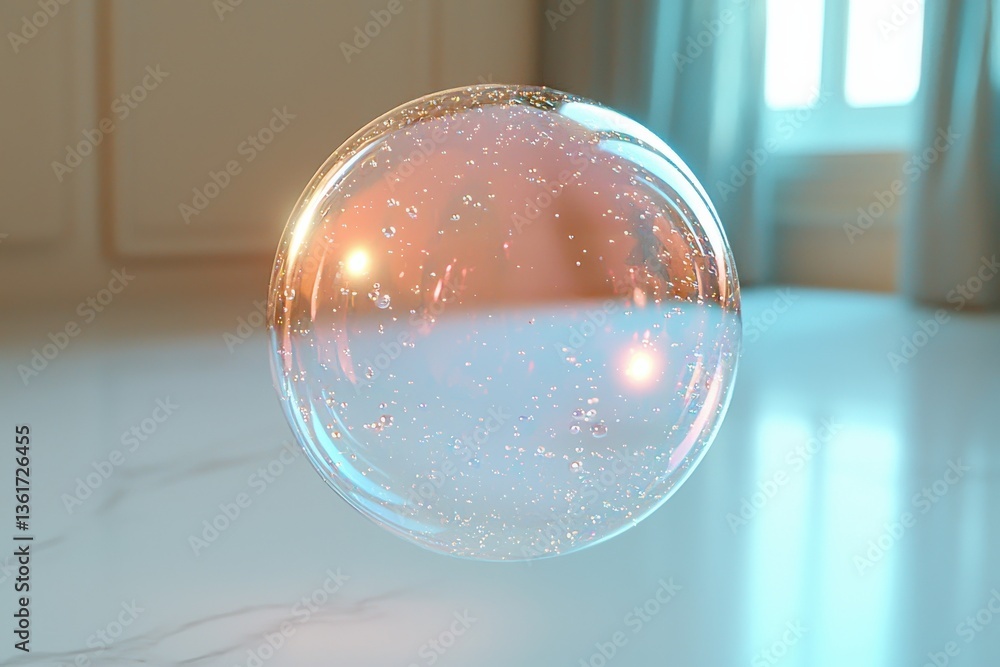 Poster floating soap bubble reflecting soft light in a bright room with calming colors and textures