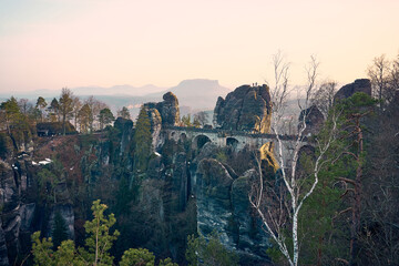 Obraz premium Iconic Views and Natural Wonders at Bastei and Bastei Bridge in Saxon Switzerland, Germany