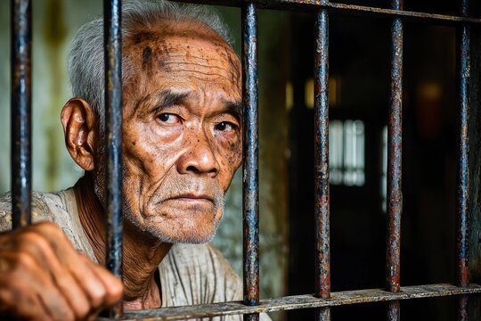 A compelling portrait of an elderly Asian man behind prison bars, showcasing the weight of time, hardship, and confinement in a poignant visual narrative.
