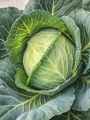 Fototapeta premium a close-up of a head of green cabbage. Its tightly overlapping leaves form a dense, spherical shape with visible veins and a slightly textured surface