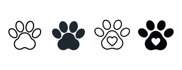 Pet paw print line icons set for animal care and veterinary themes  
