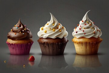 Colorful chocolate cupcakes with cream frosting and sprinkles, a sweet baked treat