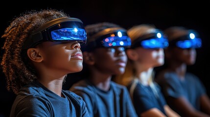 A classroom of the future, where students read from holographic books floating above their desks. 