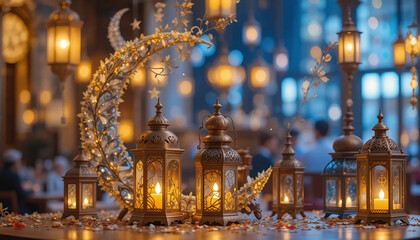 Obraz premium Ramadan theme, lamps and crescent moon, glowing lights
